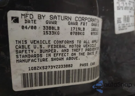 2000 Saturn Sl2 from USA, damaged, VIN 1G8ZK5273YZ233882